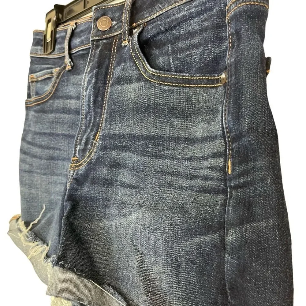 AMERICAN EAGLE SUPER HI RISE SHORTIE Raw Hem Cut Offs Dark Distressed Shorts 4